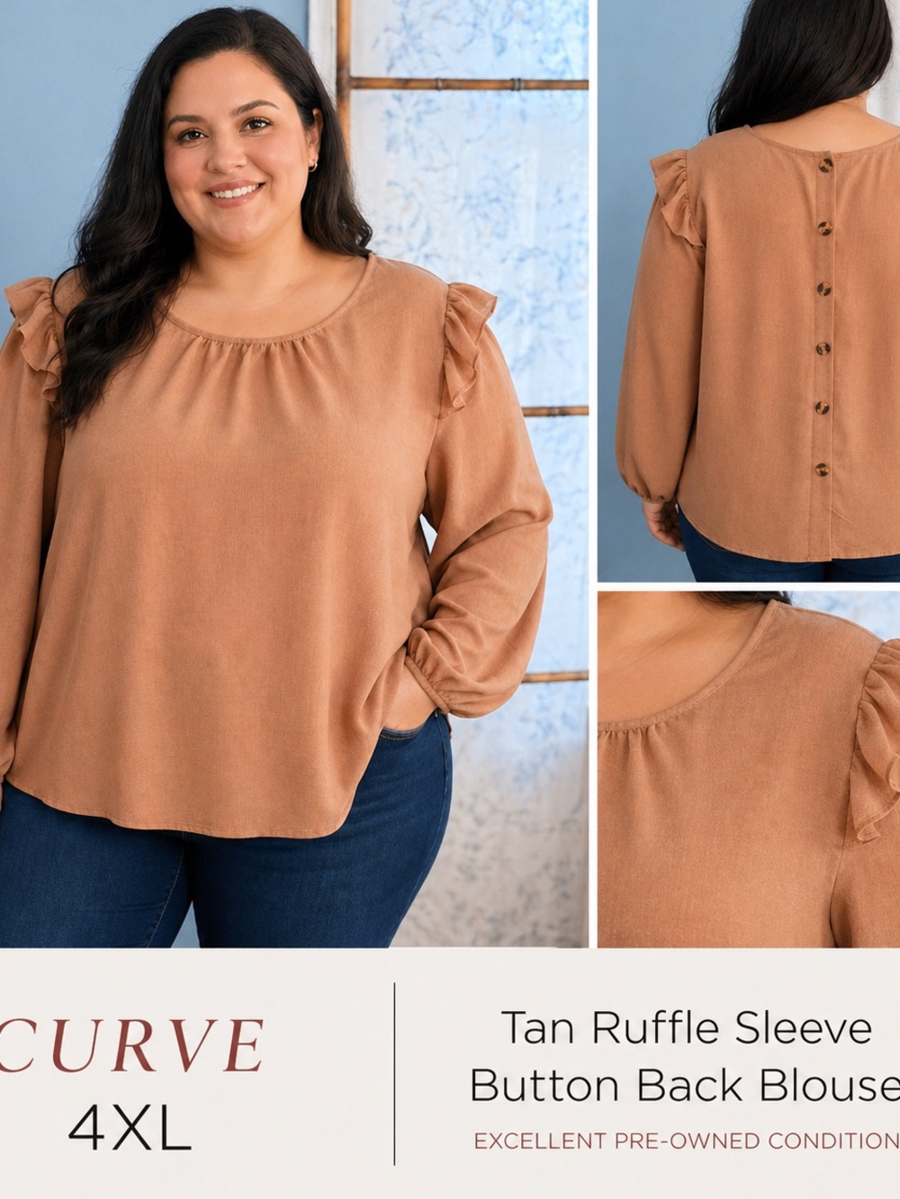 Woven Ruffle Shoulder Blouse - Tan / Brown 4XL - Picture 2 of 4